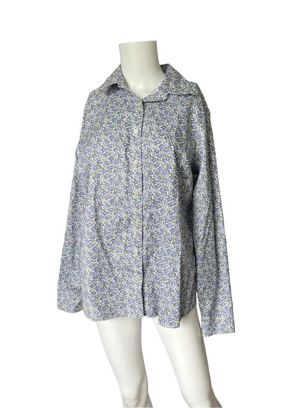 Lands End No Iron Pinpoint Oxford Button Up Top Floral Cotton Womens Size 14